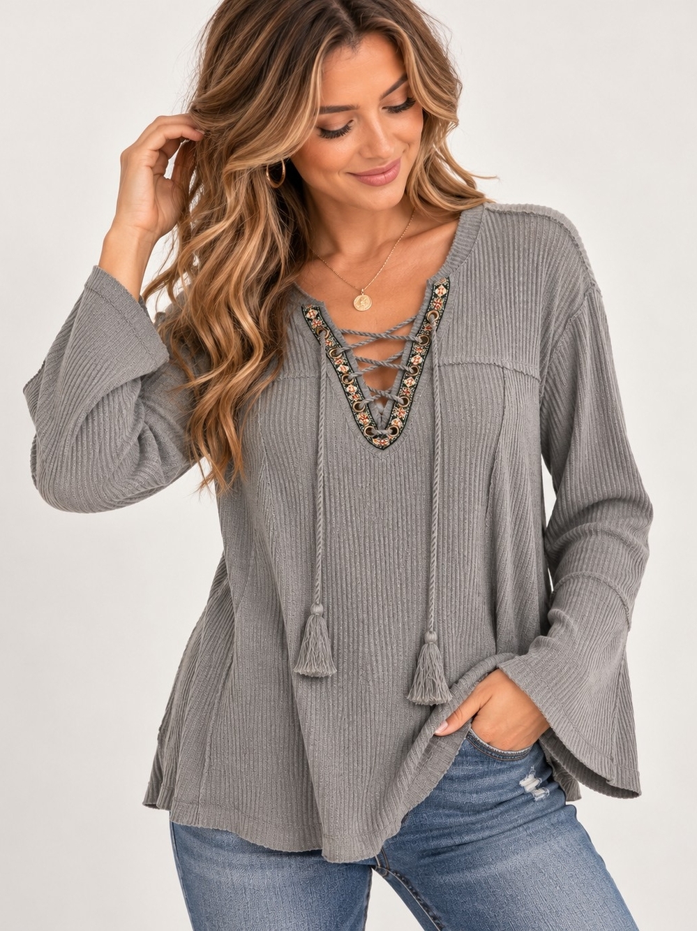 Knox Rose Gray Ribbed Lace-Up Tassel Tunic with Embroidered V